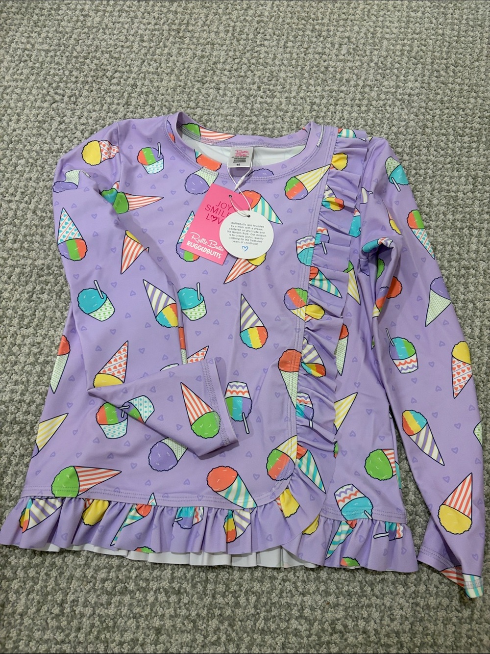 NWT RuffleButts "Snow Cones" Ruffled Long Sleeve Rash Guard Top Only - Size 10
